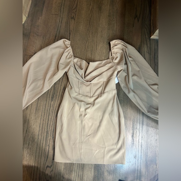PRINCESS POLLY LILLIE LONG SLEEVE MINI DRESS BEIGE - Picture 2 of 5